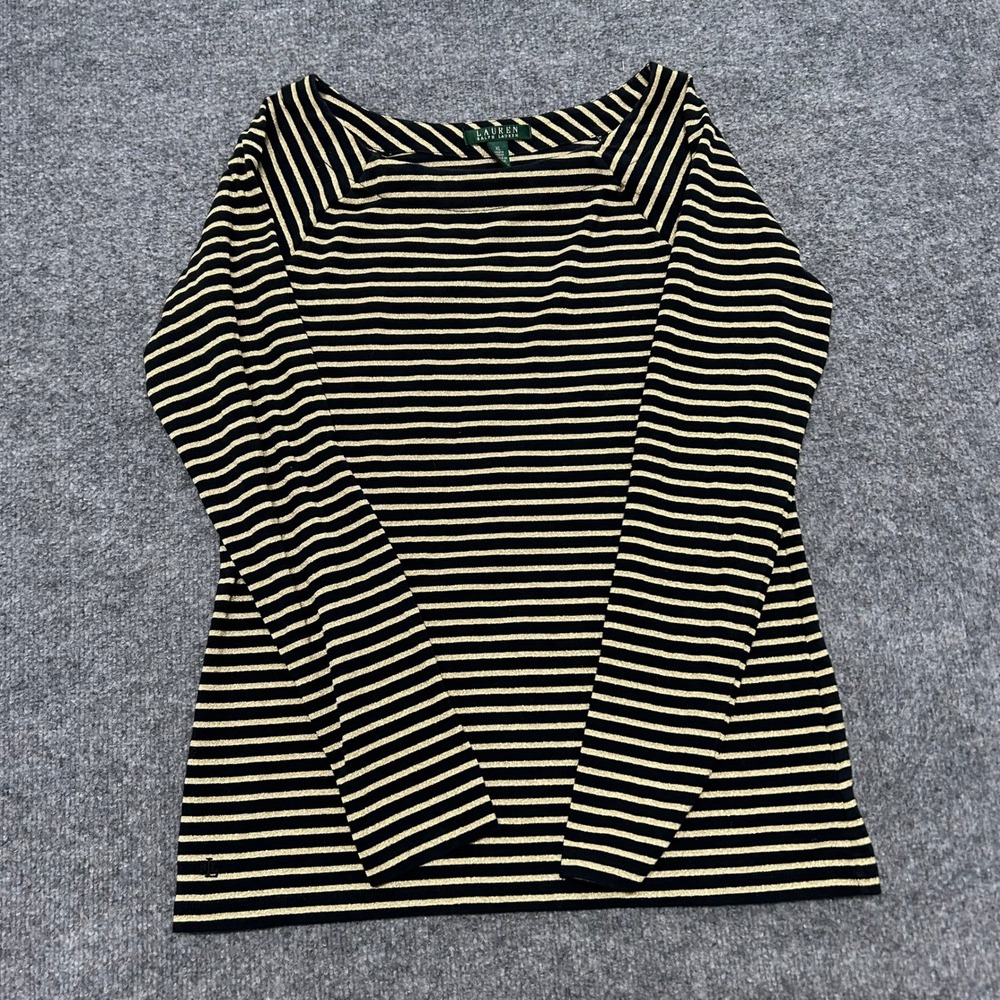 Lauren Ralph Lauren Shirt Womens XL Black Gold Metallic Striped Boat Neck Slim